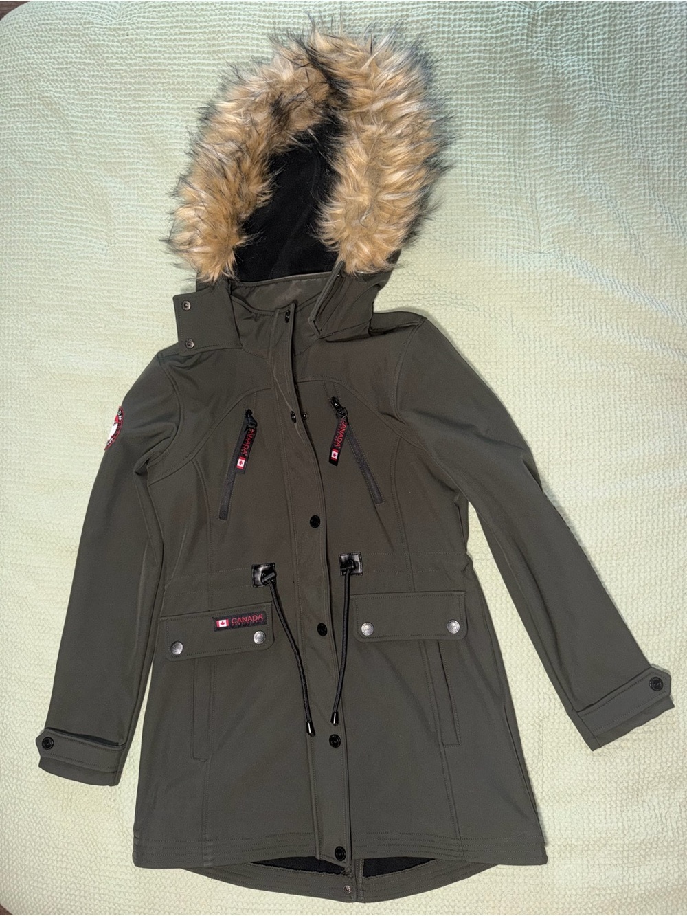 Canada Weather Gear Olive Green Trench Coat with Faux-Fur Hood